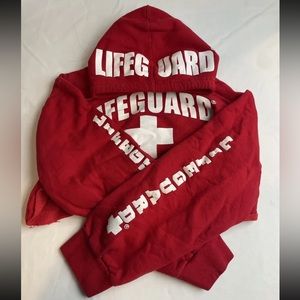 Red Cropped Lifeguard Pentwater MI Sweatshirt with Hood and Drawstring Size S